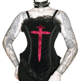 Dark Strap Sexy Slim Waist Slim Fit Cross Embroidery Lace Edge Waist Vest