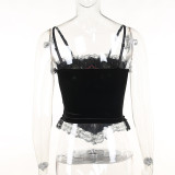 Dark Strap Sexy Slim Waist Slim Fit Cross Embroidery Lace Edge Waist Vest