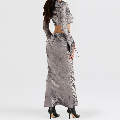 Velvet French Tie Skirt European Style Winter V-Neck Long-Sleeved Chic Skirt Suit