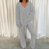 Winter Comfortable Solid Color V-Neck Casual Homewear Warm Two-Piece Pants Set