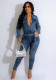 Denim Jumpsuit Turndown Collart Zipper Long Sleeve Belt Slim Jumpsuit