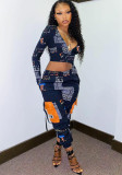 Womens Sexy Letter Print Long Sleeve Top and Pant Two Piece Set