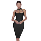 Women Stand Collar Metal Buckle Cutout Bodycon Dress