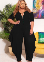 Plus Size Women Solid Zip Short Sleeve Jumpsuit