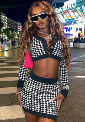 Women V-Neck Houndstooth Print Crop Top and Bodycon mini Skrit Two Piece