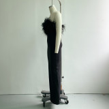 Women Black Off Shoulder Faux Ostrich Fur Slim Elegant Dress