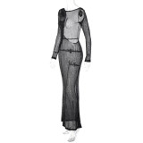Chic Evening Women's Sequin Sexy Low Back Long Sleeve See-Through Fitted Maxi Dress