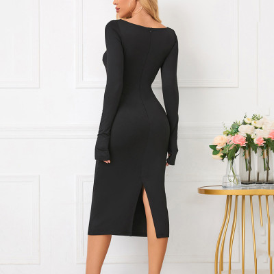 Autumn and Winter Hollow Dress Women's Sexy Square Neck Slit Bodycon Dress