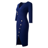 Fall Winter Button Patchwork Chic Bodycon Career Dress