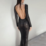Chic Evening Women's Sequin Sexy Low Back Long Sleeve See-Through Fitted Maxi Dress