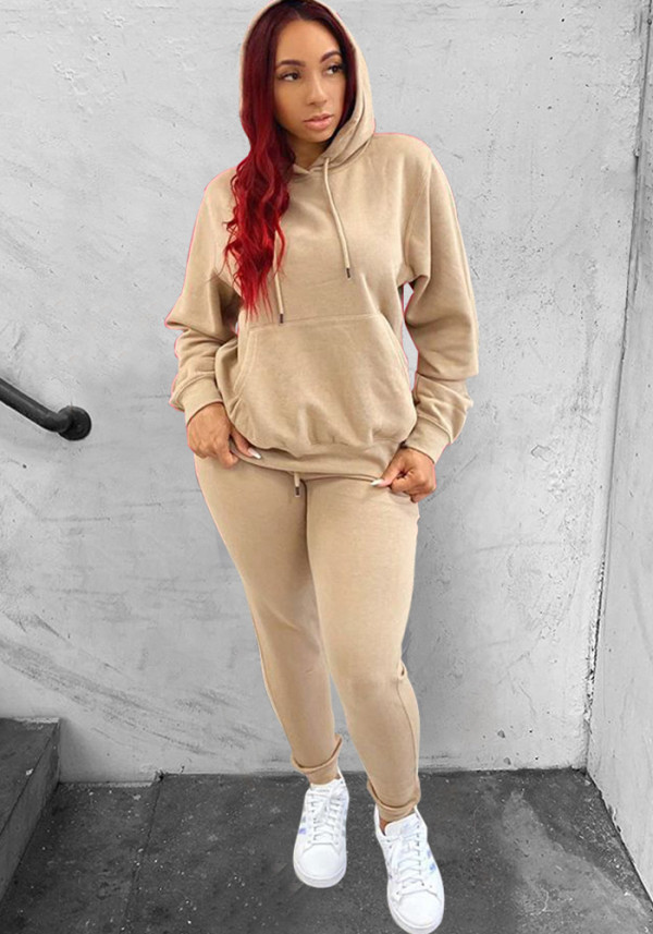 Women's Fall Winter Solid Hoodies Stretch Sport Casual Two-Piece Set