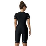 Sports One-Piece Swimsuit Women'S Short-Sleeved Color Patchwork Swimsuit Ladies Diving Surfing Suit