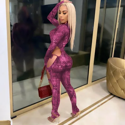 Women Sexy Print Cutout Lace-Up Jumpsuit