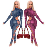 Women Sexy Print Cutout Lace-Up Jumpsuit