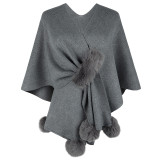 Women Solid Color Fur Pom Cape Shawl Sweater