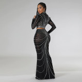 Women Sexy See-Through Beaded Long Sleeve Top And Pant Two Piece Set