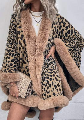 Women autumn and winter faux fur collar cape cardigan leopard shawl sweater