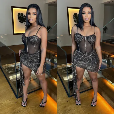 Women Sexy Mesh Squins Straps Dress