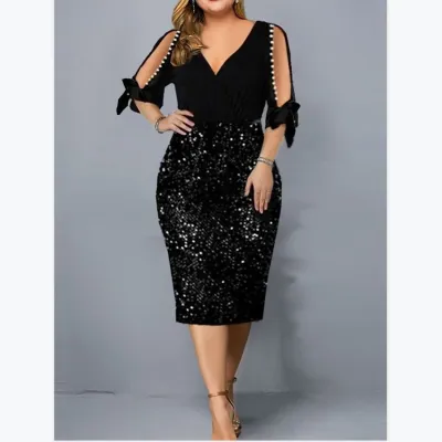 Plus Size Women V Neck Sequin Cutout Half Sleeve Dress