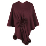 Women Solid Color Fur Pom Cape Shawl Sweater