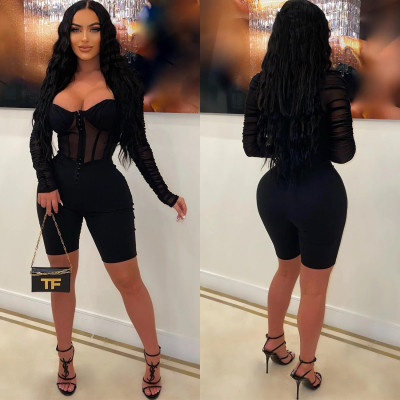 Women Solid Color Long Sleeve mesh See-Through Romper