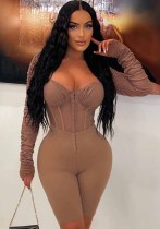 Women Solid Color Long Sleeve mesh See-Through Romper