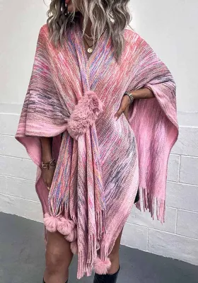 Women Winter Pom Pom Tassel Shawl Jacket