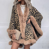 Women autumn and winter faux fur collar cape cardigan leopard shawl sweater