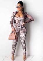Women Leopard Print Jumpsuit And Zip-Up Jacket Set