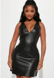 Women's Autumn/Winter Fashion Casual Pu Leather Leather V-Neck Chic A-Line Dress