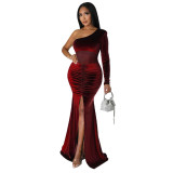 Women'S Fall/Winter Slash Shoulder Ruched Slit Solid Color Mermaid Dress