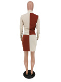 Fashion Colorblock Long Sleeve Zipper Two Piece Skirt Set