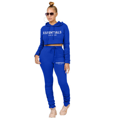 Women'S Solid Color Letter Print Hoodies Ruched Pants Two Piece Tracksuit