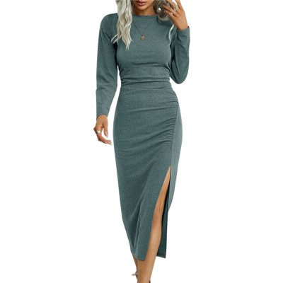 Fall Winter Women'S Solid Color Round Neck Slim Long Sleeve Slit Chic Dress