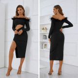 Autumn Women'S Long Sleeve Off Shoulder Feather Bandage Dress