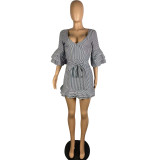 Women'S Spring Summer Stripes Print V-Neck Ruffled Layer Casual Dress