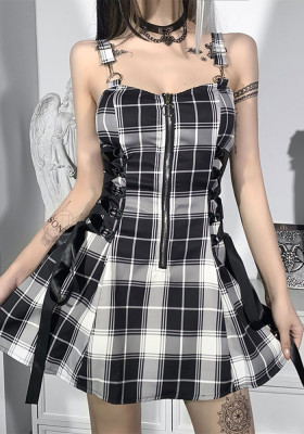 Casual Slip Dress Slim Fit Plaid Stripe Zip Fashion Dress