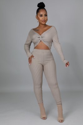 Women'S Sexy Solid Ribbed Pleated Two-Piece Pants Set