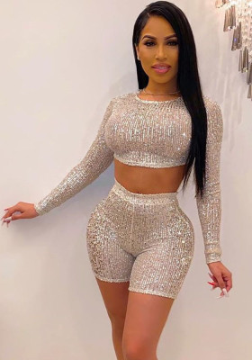 Sexy Sequin Longs Leeve Crop Top Slim Shorts Two Piece Set