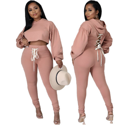 Women'S Fashion Fall Winter Solid Hooded Lace-Up Loose Casual Two-Piece Pants Set
