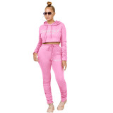 Women'S Solid Color Letter Print Hoodies Ruched Pants Two Piece Tracksuit