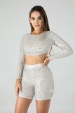 Sexy Sequin Longs Leeve Crop Top Slim Shorts Two Piece Set