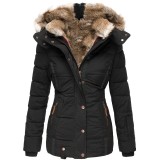 Winter Warm Fur Collar Warm Coat Clothing Women'S Zipper Long-Sleeved Slim-Fit Cotton Pad Clothing Hooded Jacket Coat