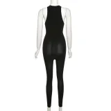 Autumn And Winter Women'S Fashion Sexy Jacquard Mesh Solid Color Hollow Out High Stretch Tight Fitting Jumpsuit