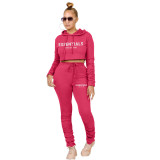 Women'S Solid Color Letter Print Hoodies Ruched Pants Two Piece Tracksuit