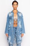 Women Ripped Fringed Long Sleeve Denim Jacket