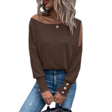 Women Solid Off Shoulder Cuff Button T-Shirt