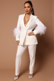 Fall Women Feather Blazer and Pant Two Piece