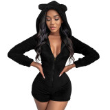 Women Cute Bear Fleece Hooded Long Sleeve Romper