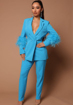 Fall Women Feather Blazer and Pant Two Piece